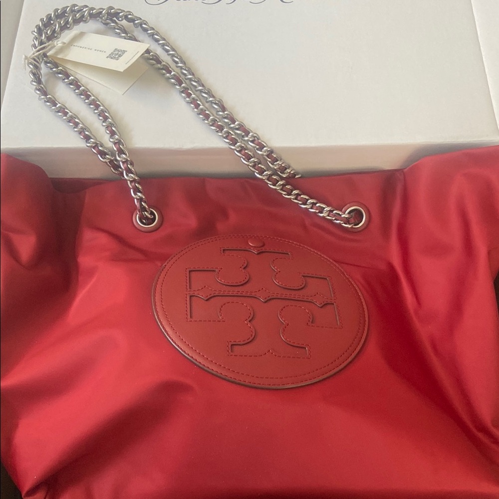 Tory Burch Ella tote brick Red Shoulder Bag with Silver Chain Strap